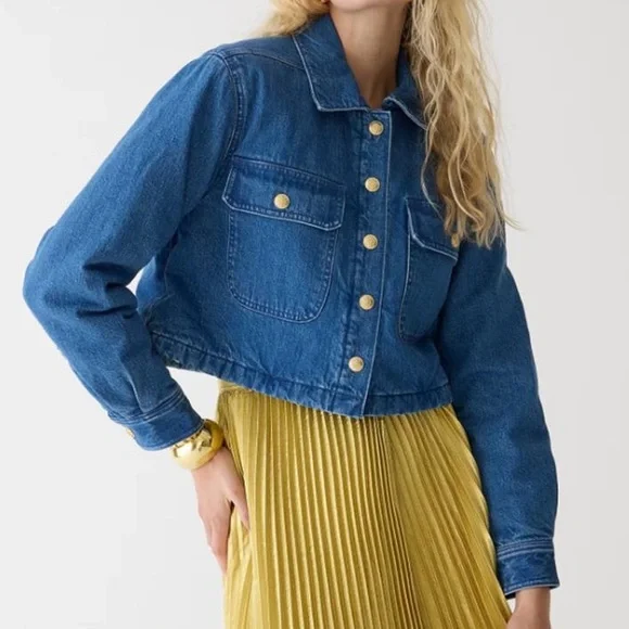 J Crew Cropped Denim Puffer Jacket Blue Quilted Jean Coat 90s Street Style S - Picture 3 of 13